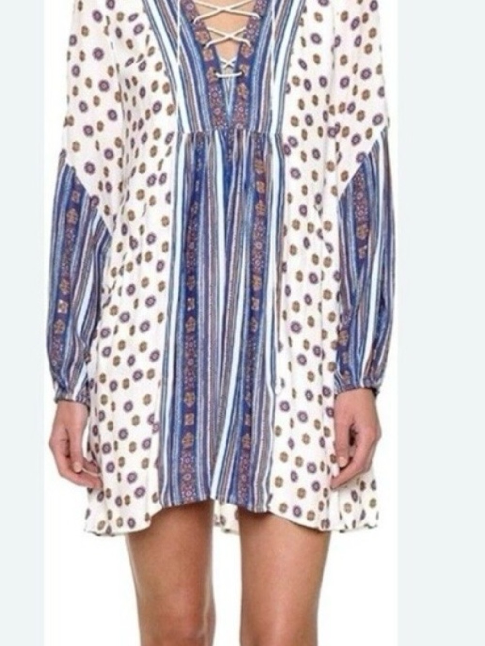 Free People Rain or Shine Tunic Dress-Ivory Blue Purple-Boho-Size XS